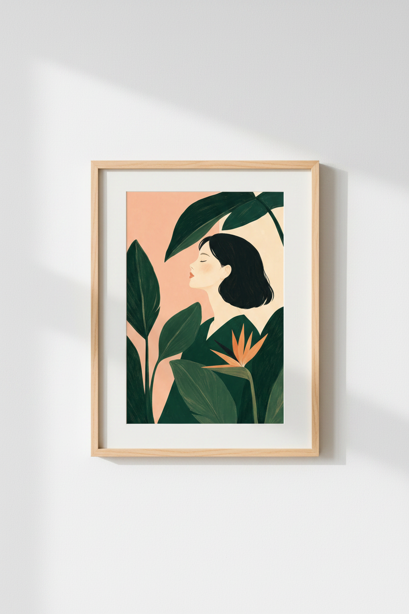 Tropical Plant Art | Minimalist Portrait, Peach Pink Living Room Decor