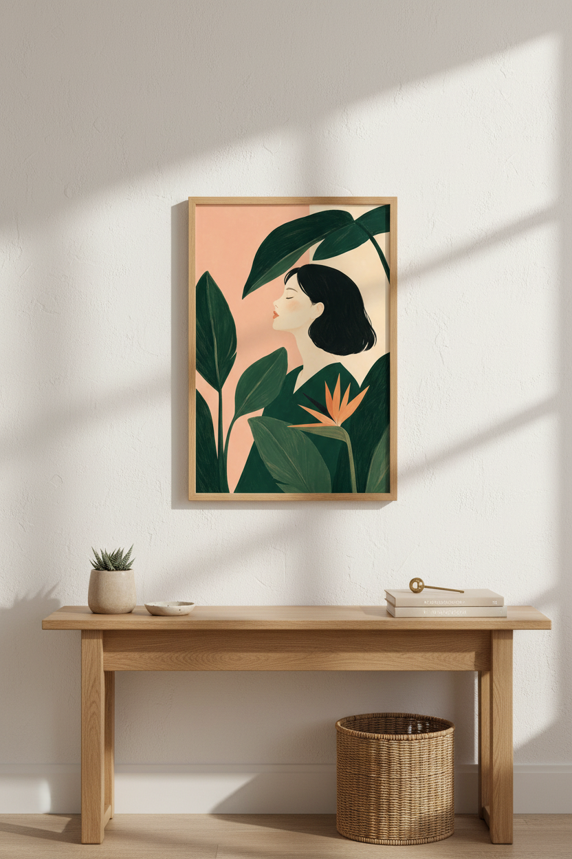 Tropical Plant Art | Minimalist Portrait, Peach Pink Living Room Decor