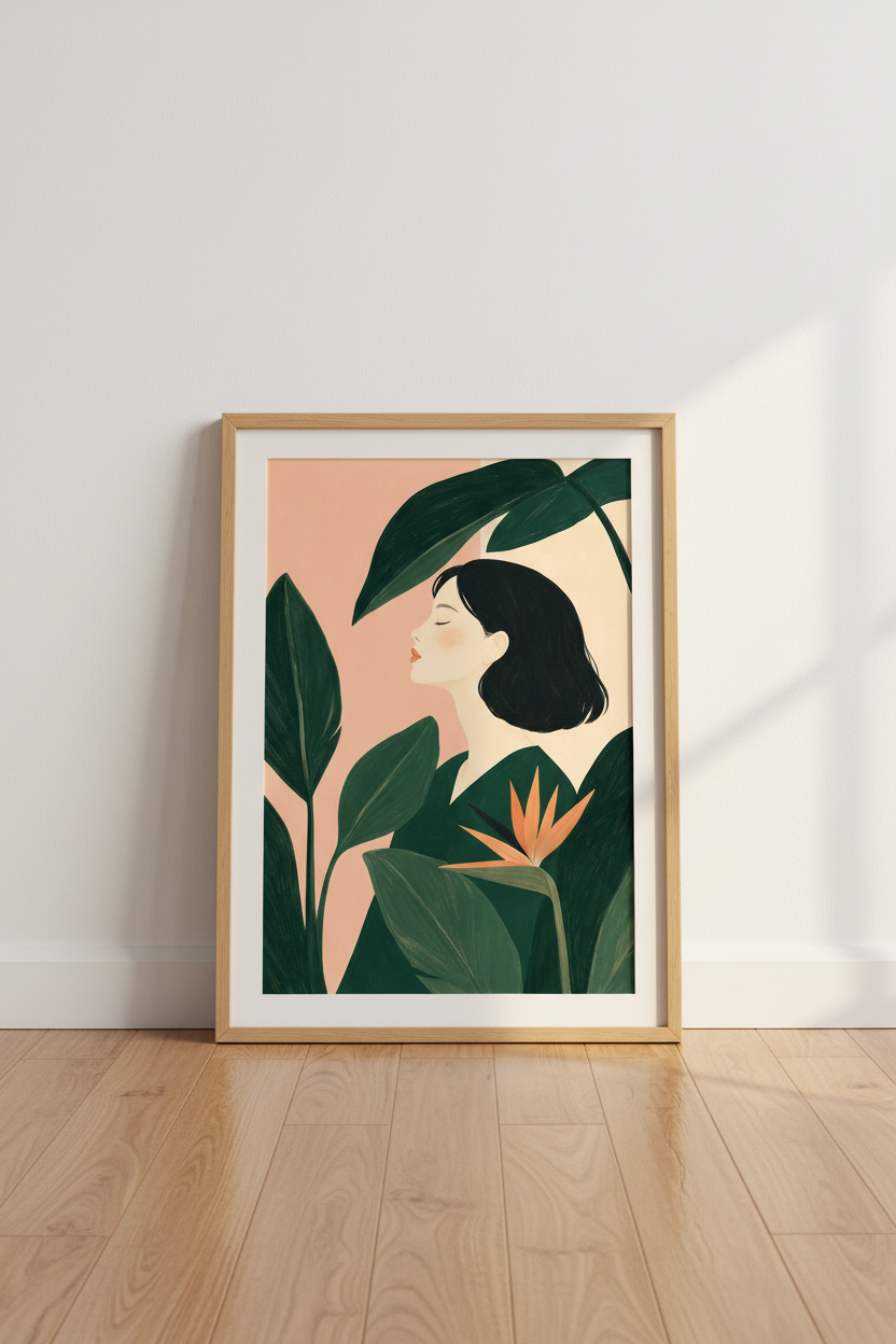 Tropical Plant Art | Minimalist Portrait, Peach Pink Living Room Decor