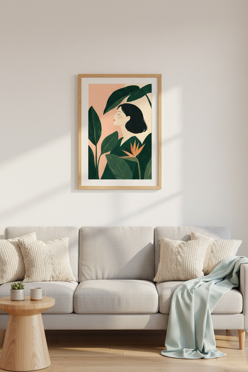 Tropical Plant Art | Minimalist Portrait, Peach Pink Living Room Decor