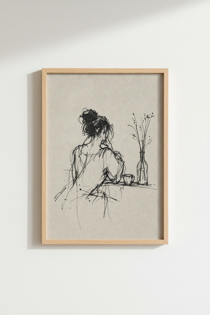 Woman Sketch | Minimalist Black &amp; Beige Line Art, Bedroom Decor