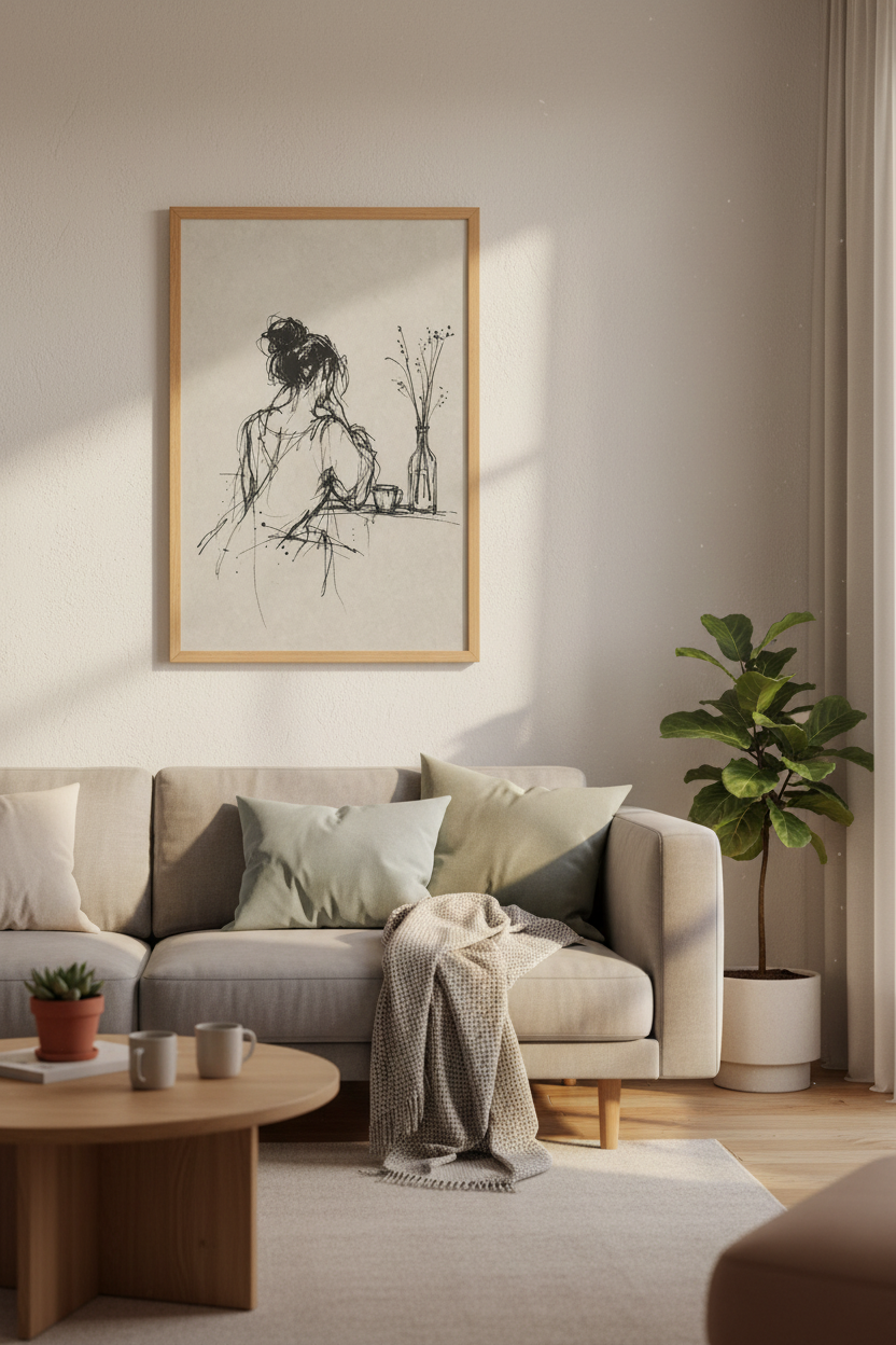 Woman Sketch | Minimalist Black &amp; Beige Line Art, Bedroom Decor