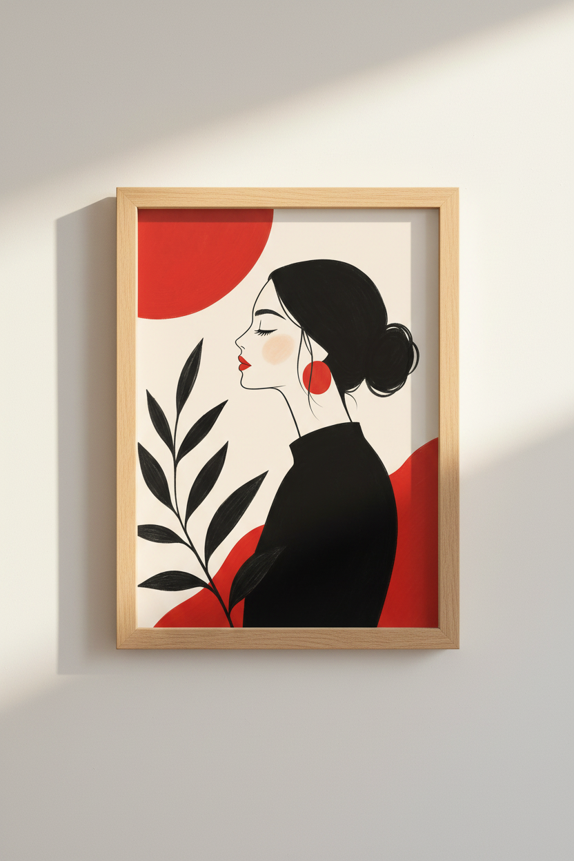 Line Art Print | Minimalist Black Silhouette, Red Accents | Living Room Decor