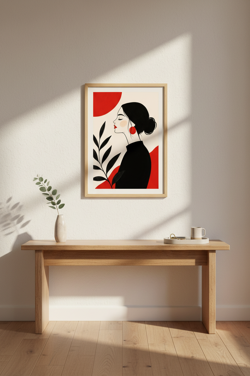 Line Art Print | Minimalist Black Silhouette, Red Accents | Living Room Decor