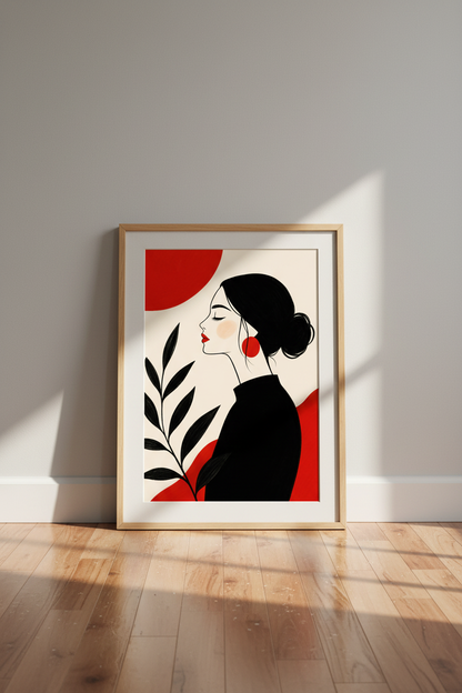 Line Art Print | Minimalist Black Silhouette, Red Accents | Living Room Decor