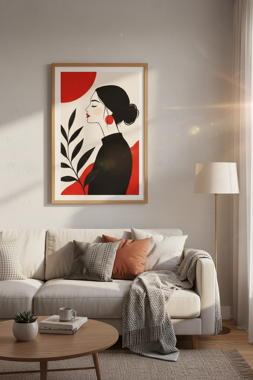 Line Art Print | Minimalist Black Silhouette, Red Accents | Living Room Decor