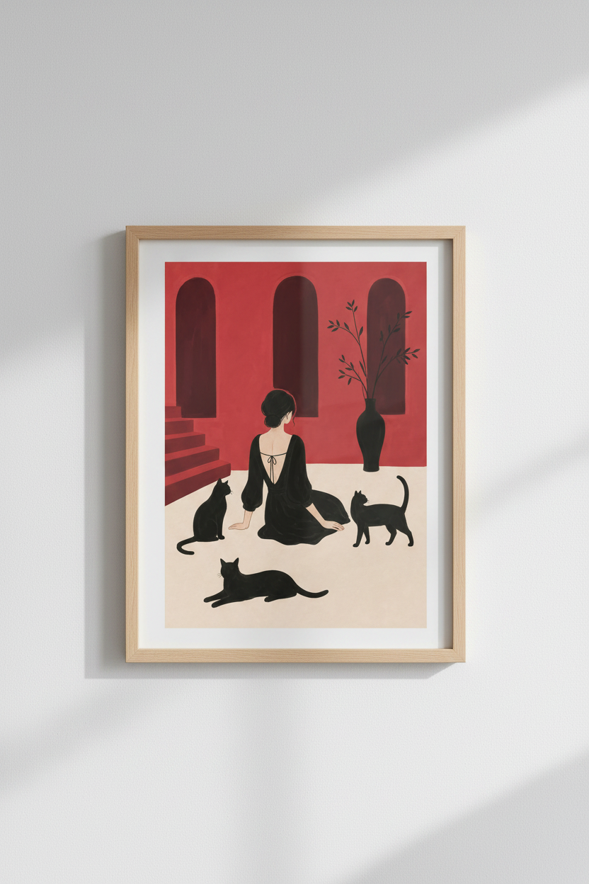 Minimalist Illustration Woman with Cats Wall Art Print | Living Room Decor | Moody Poster