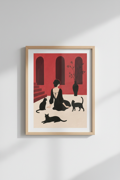 Minimalist Illustration Woman with Cats Wall Art Print | Living Room Decor | Moody Poster