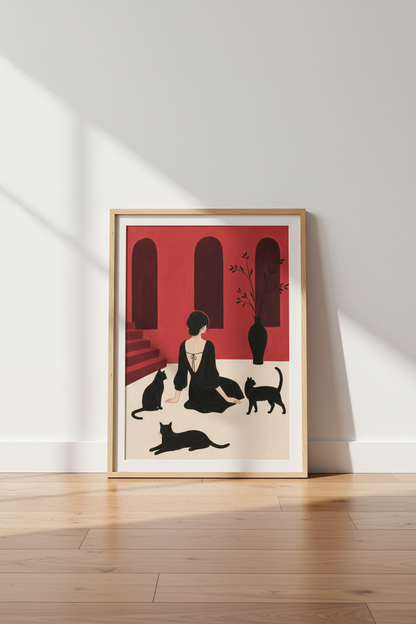 Minimalist Illustration Woman with Cats Wall Art Print | Living Room Decor | Moody Poster