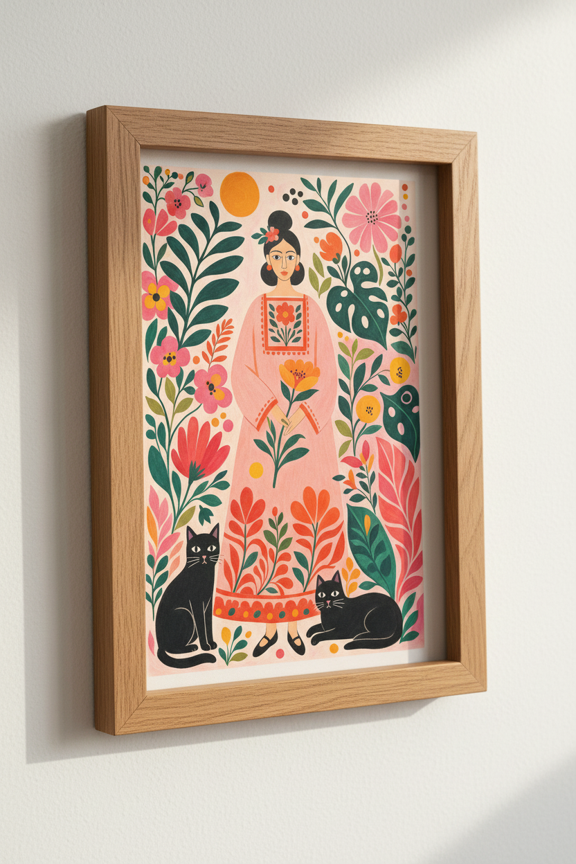 Folk Art Woman &amp; Black Cats Print | Boho Botanical Pink Floral | Maximalist Wall Art