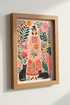 Folk Art Woman & Black Cats Print | Boho Botanical Pink Floral | Maximalist Wall Art