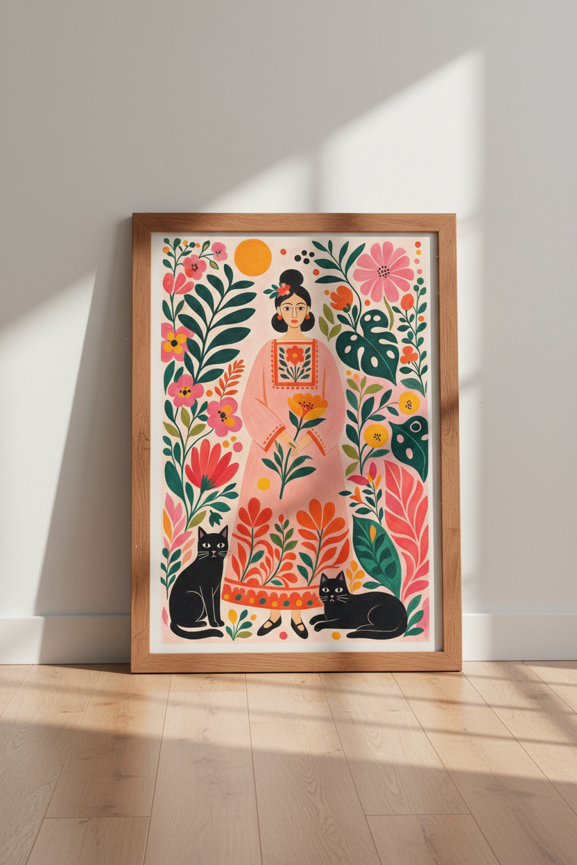 Folk Art Woman &amp; Black Cats Print | Boho Botanical Pink Floral | Maximalist Wall Art