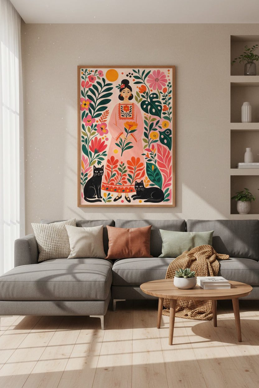 Folk Art Woman &amp; Black Cats Print | Boho Botanical Pink Floral | Maximalist Wall Art