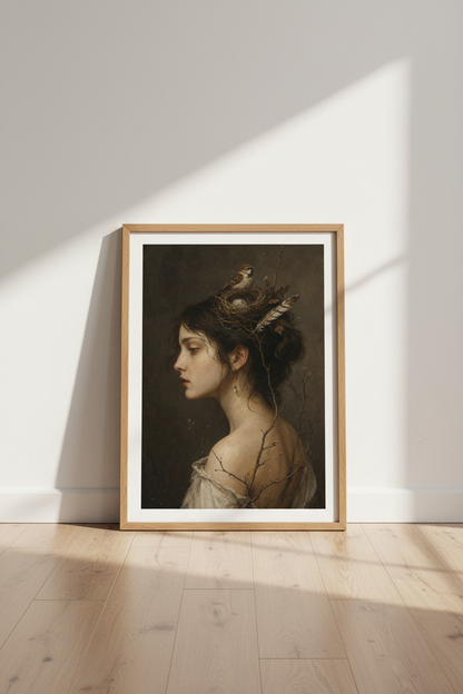 Woman with Bird Nest Portrait | Moody Dark Academia Oil Painting, Vintage Gothic Wall Art