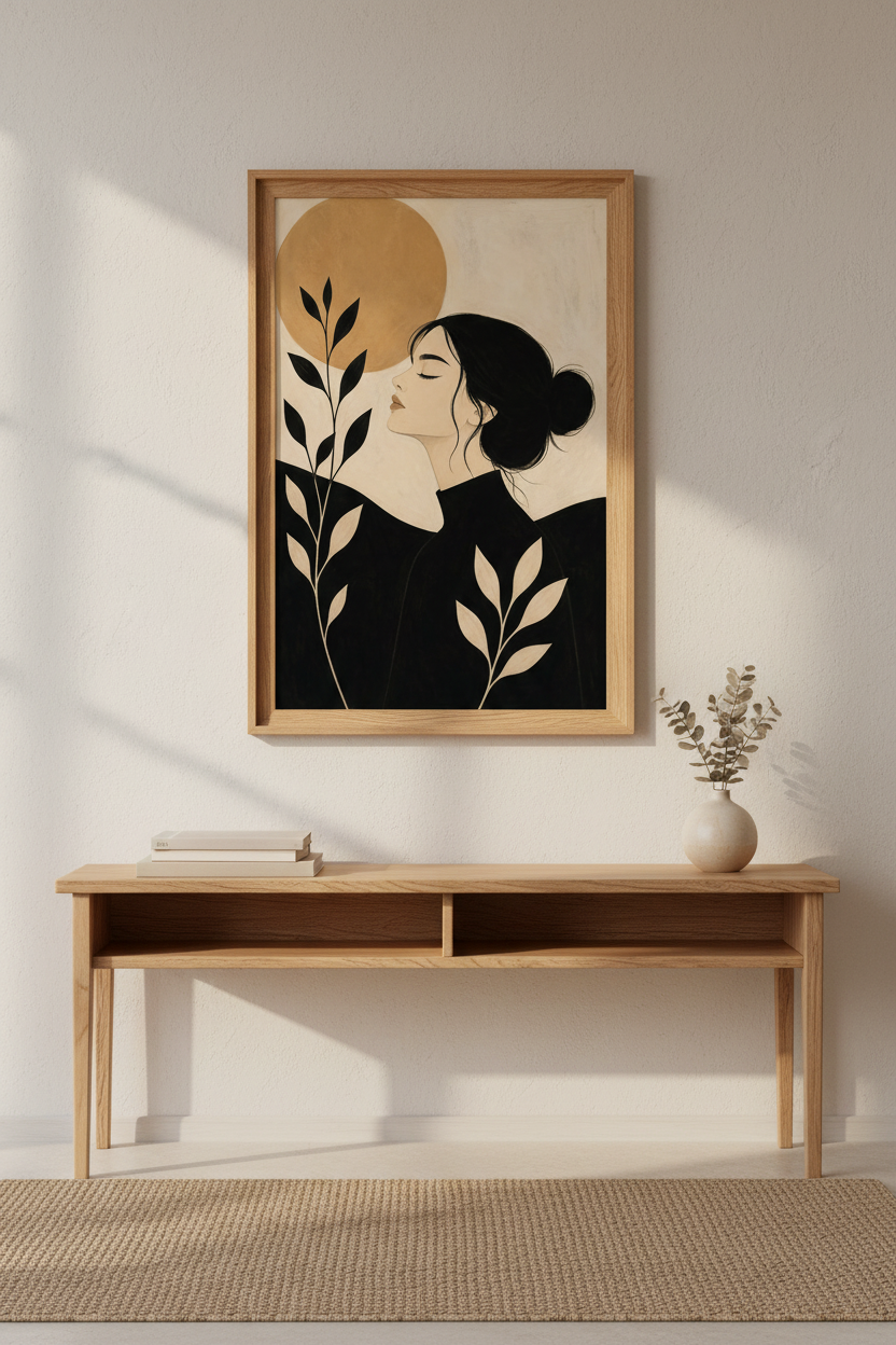 Boho wall art print | Beige tones, modern portrait decor | Living room