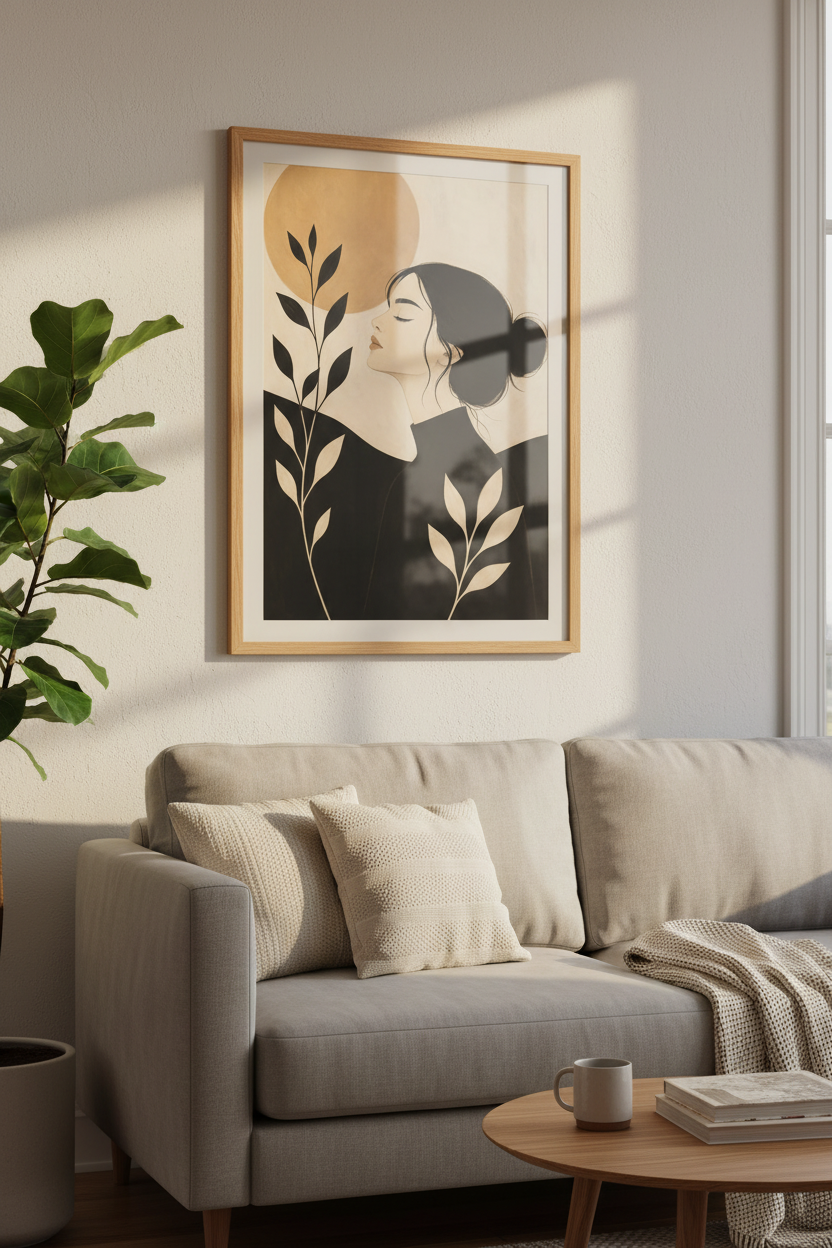 Boho wall art print | Beige tones, modern portrait decor | Living room