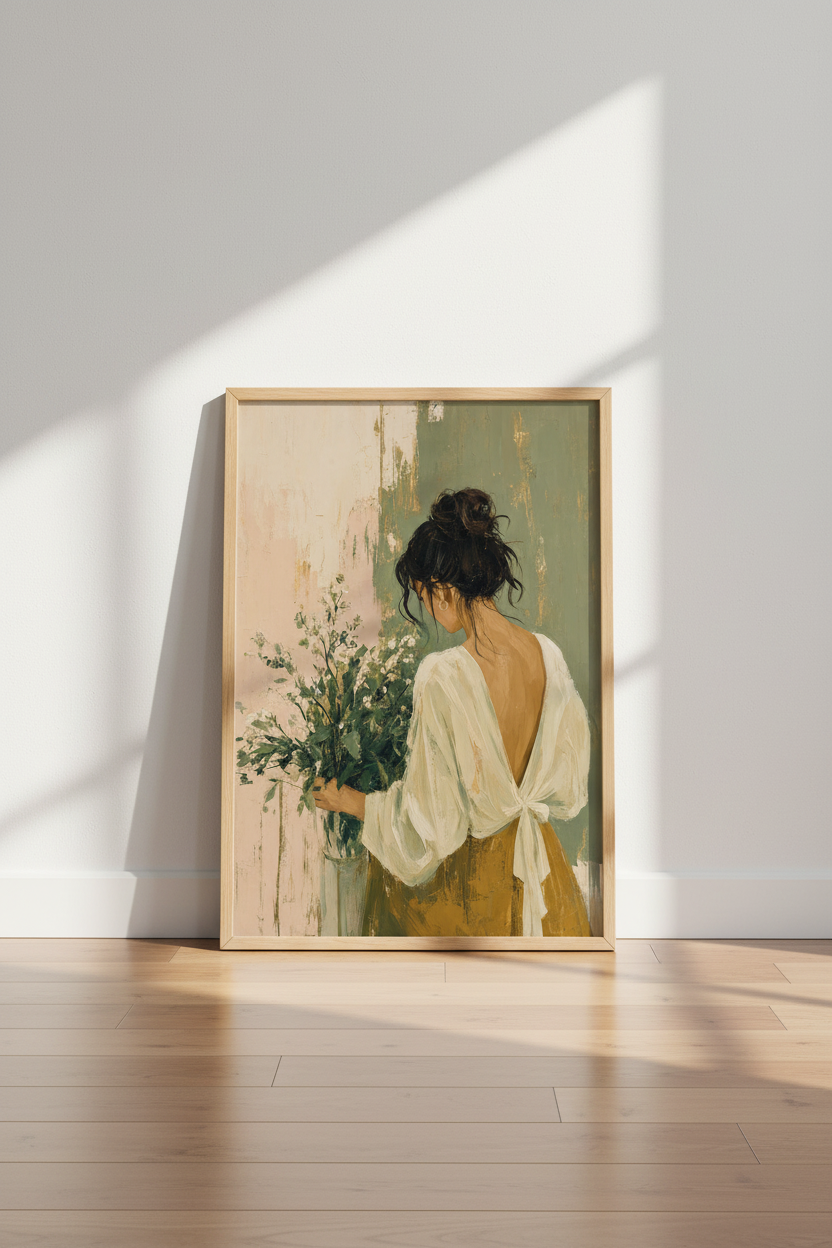 Woman with Flowers Wall Art | Sage Green &amp; Blush Pink Decor | Impressionist Poster