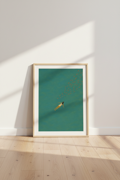 Minimalist Swimmer Art | Teal &amp; Orange Ocean Poster, Bathroom or Bedroom Decor