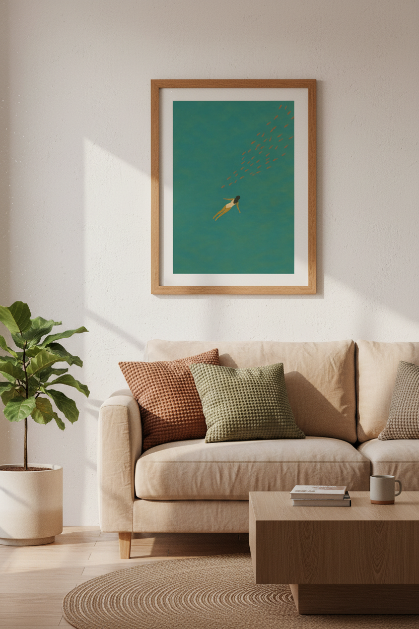 Minimalist Swimmer Art | Teal &amp; Orange Ocean Poster, Bathroom or Bedroom Decor