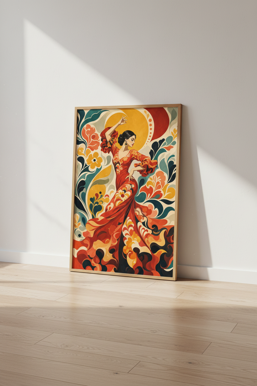 Flamenco Dancer Wall Art | Spanish Floral Retro Poster, Boho Living Room Decor