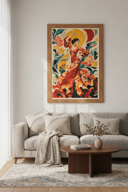Flamenco Dancer Wall Art | Spanish Floral Retro Poster, Boho Living Room Decor