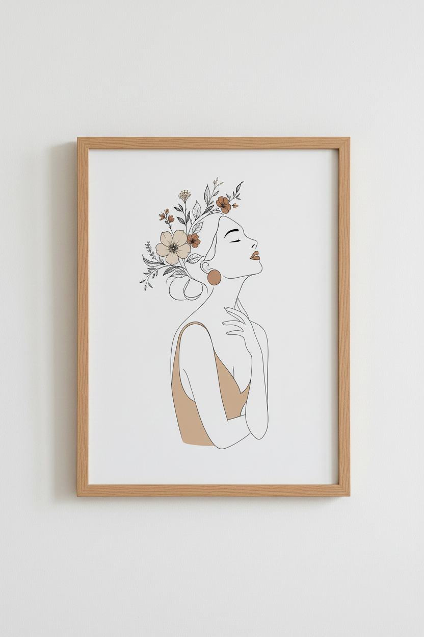 Minimalist Woman with Flowers Wall Art | Boho Floral Line Art, Bedroom Decor