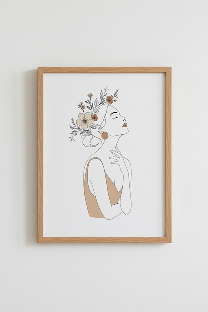 Minimalist Woman with Flowers Wall Art | Boho Floral Line Art, Bedroom Decor