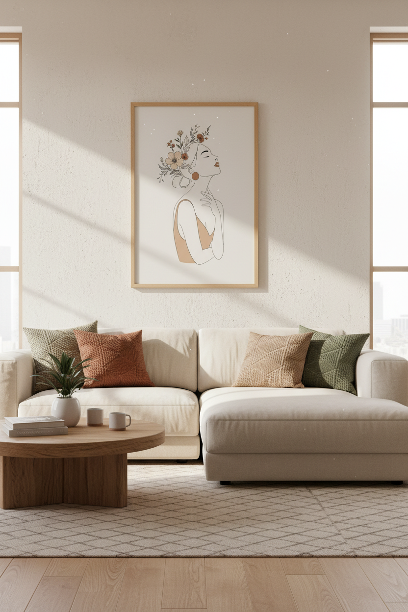 Minimalist Woman with Flowers Wall Art | Boho Floral Line Art, Bedroom Decor