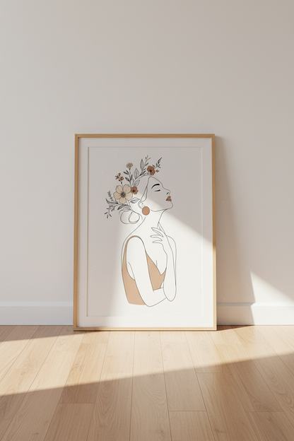 Minimalist Woman with Flowers Wall Art | Boho Floral Line Art, Bedroom Decor