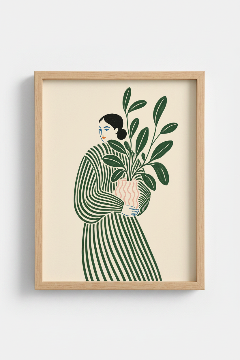 boho line art print | emerald green, plant-inspired living room poster