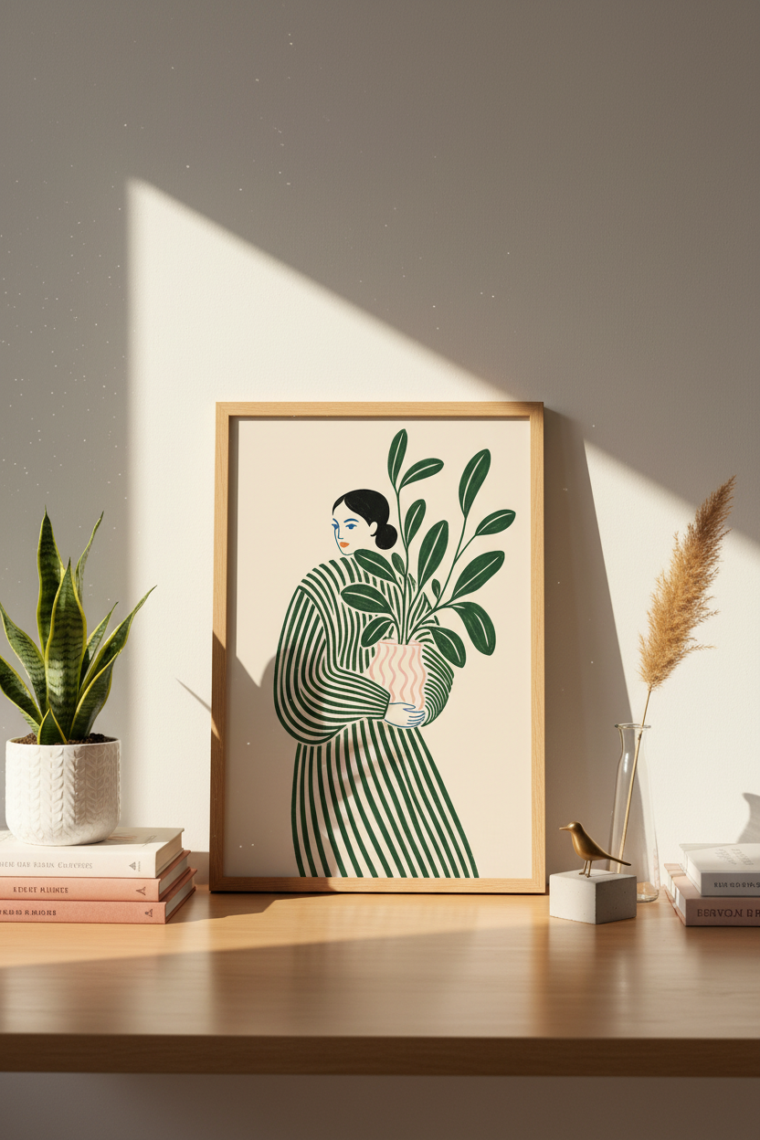 boho line art print | emerald green, plant-inspired living room poster
