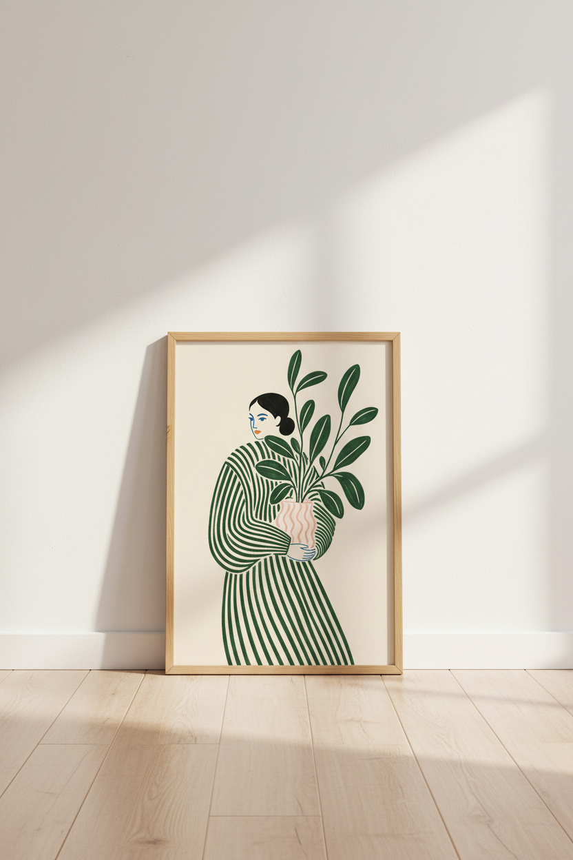 boho line art print | emerald green, plant-inspired living room poster