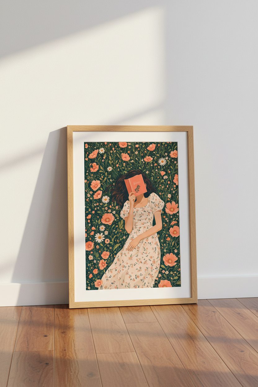 Floral Girl Reading Print | Cottagecore Bookish Wall Art | Aesthetic Meadow Poster