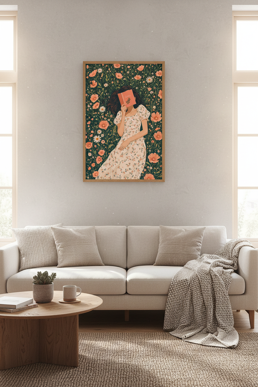 Floral Girl Reading Print | Cottagecore Bookish Wall Art | Aesthetic Meadow Poster