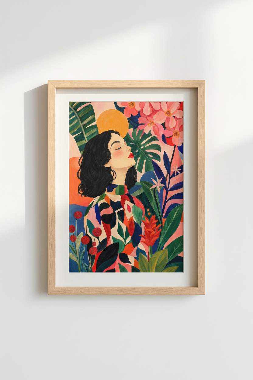 Boho Wall Art Print | Vibrant Floral Portrait, Living Room Decor