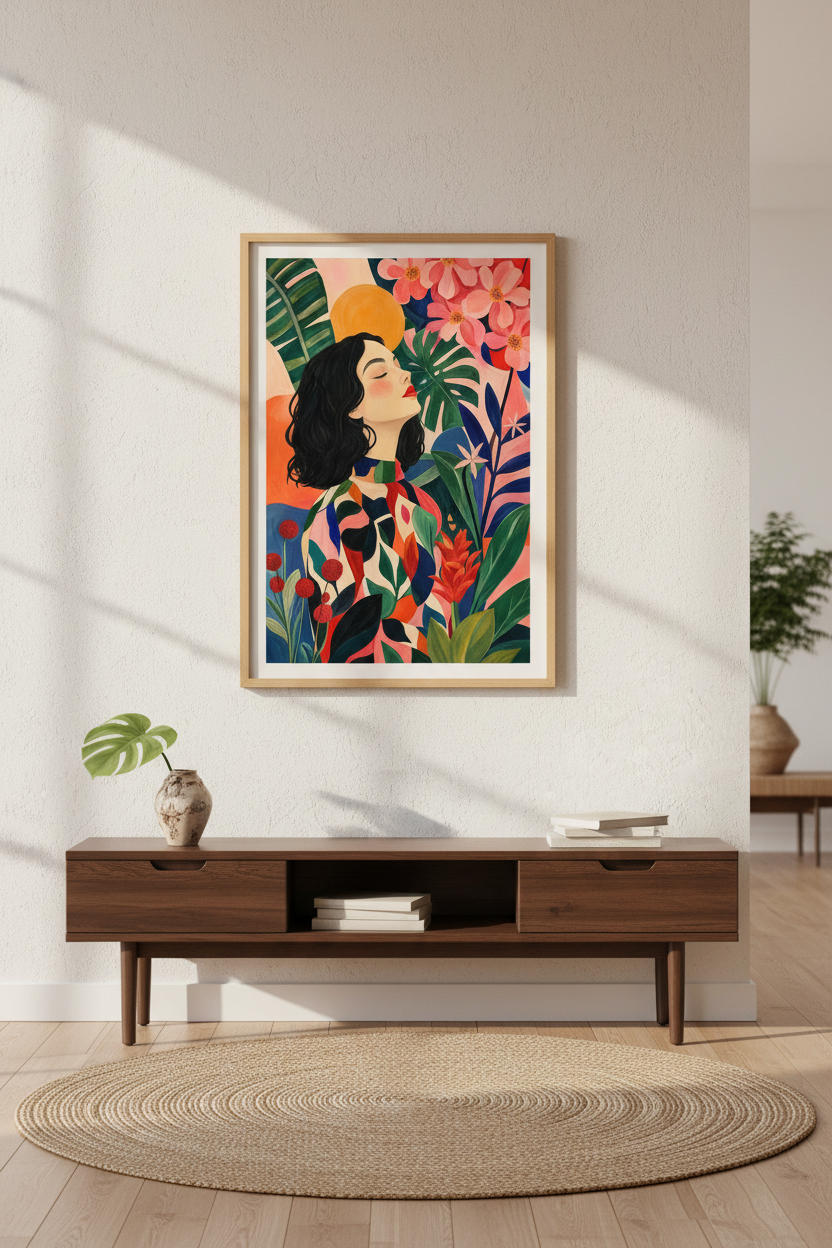Boho Wall Art Print | Vibrant Floral Portrait, Living Room Decor