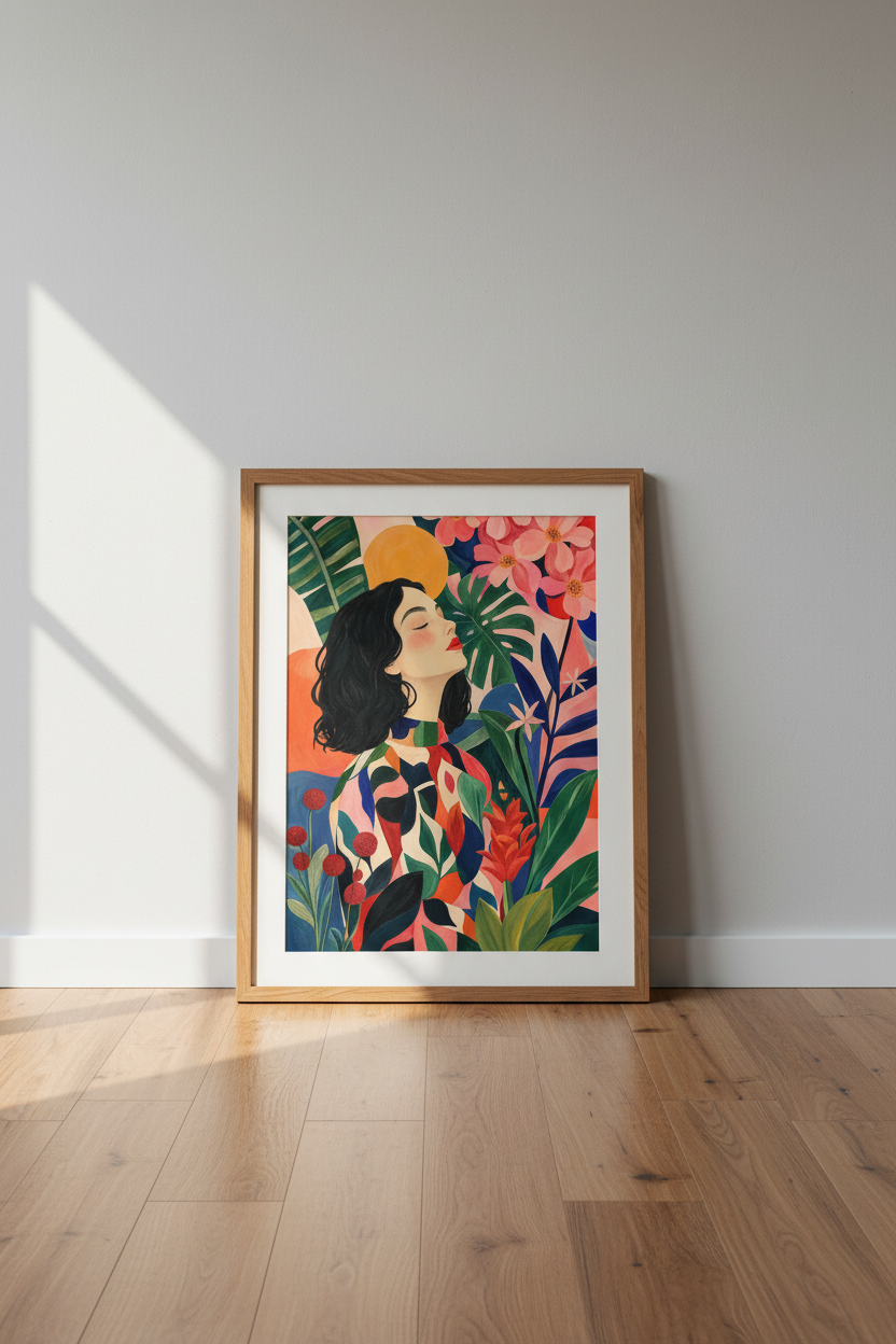 Boho Wall Art Print | Vibrant Floral Portrait, Living Room Decor