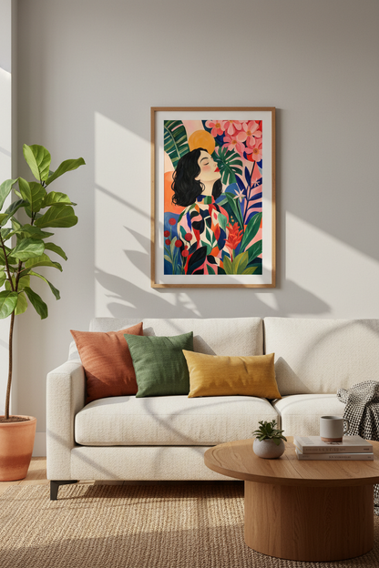 Boho Wall Art Print | Vibrant Floral Portrait, Living Room Decor