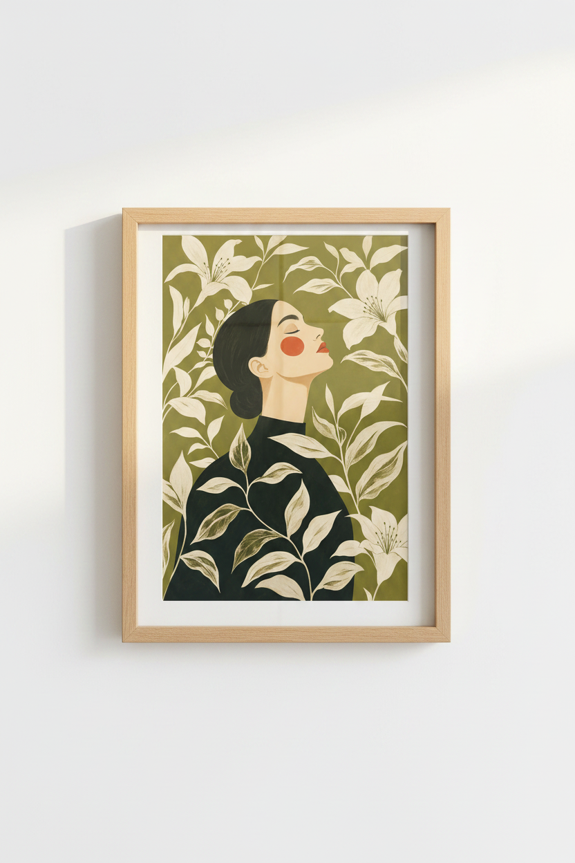 Boho Wall Art Print | Olive Green, Floral Portrait | Living Room Decor