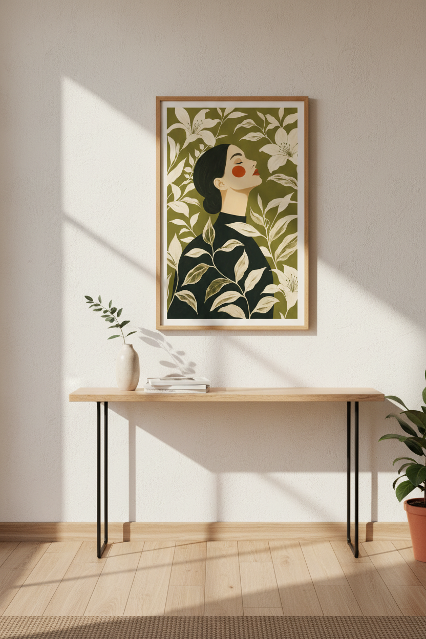 Boho Wall Art Print | Olive Green, Floral Portrait | Living Room Decor