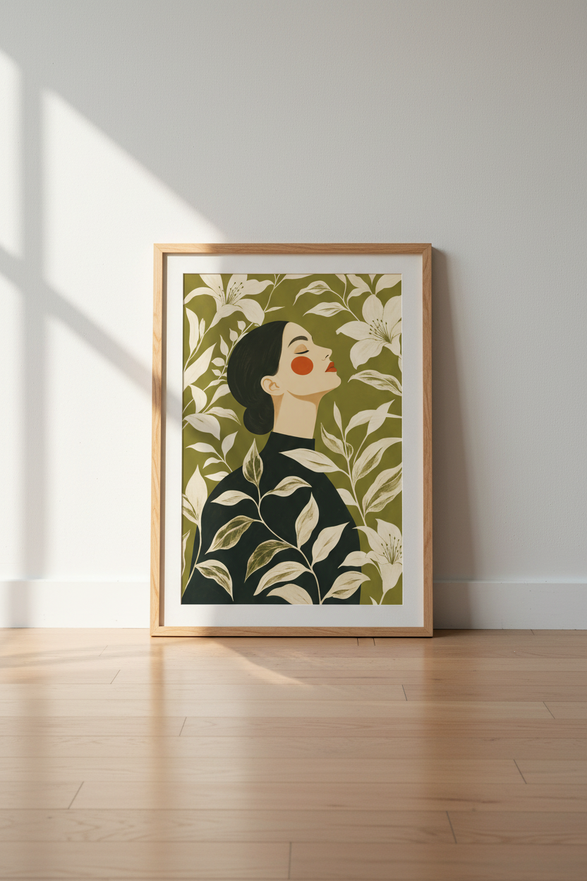 Boho Wall Art Print | Olive Green, Floral Portrait | Living Room Decor