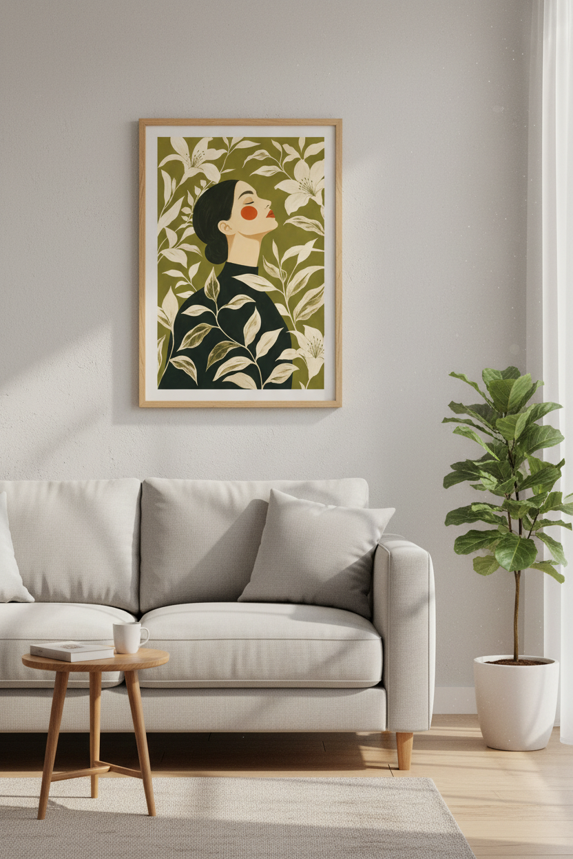 Boho Wall Art Print | Olive Green, Floral Portrait | Living Room Decor
