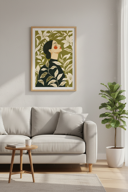 Boho Wall Art Print | Olive Green, Floral Portrait | Living Room Decor
