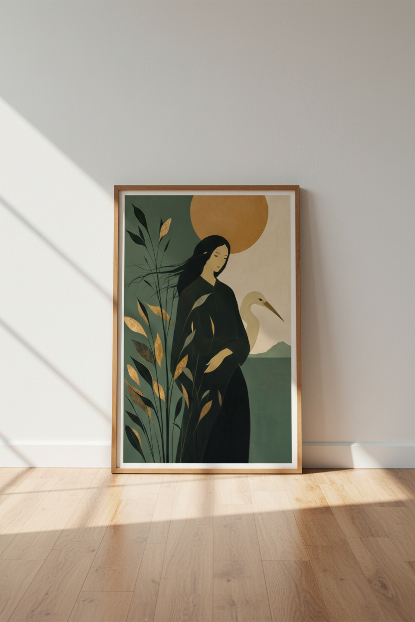 Japanese Woman and Heron Art | Green &amp; Gold Minimalist Poster, Zen Decor