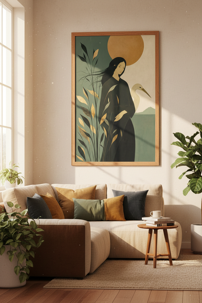 Japanese Woman and Heron Art | Green &amp; Gold Minimalist Poster, Zen Decor