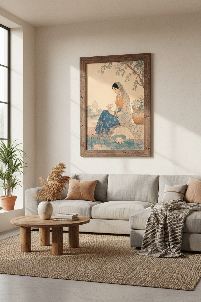 Indian Woman with Lotus Wall Art | Mughal Style Garden Decor | Boho Chic Poster