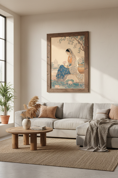 Indian Woman with Lotus Wall Art | Mughal Style Garden Decor | Boho Chic Poster