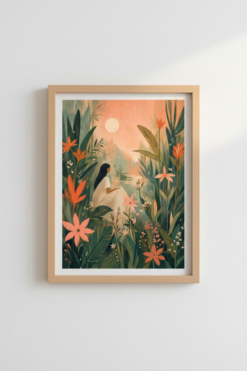 Ethereal Garden Art Print | Boho Floral Woman Poster, Serene Nature Decor