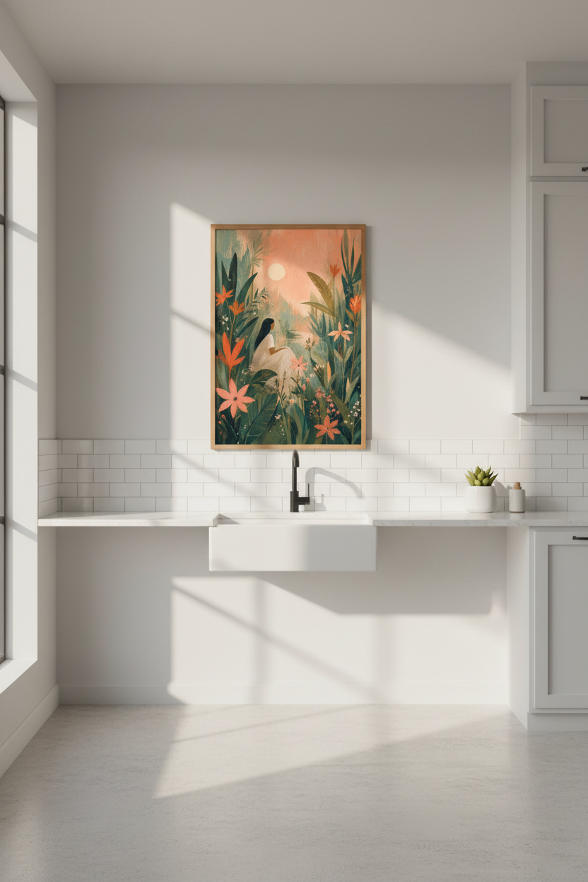 Ethereal Garden Art Print | Boho Floral Woman Poster, Serene Nature Decor