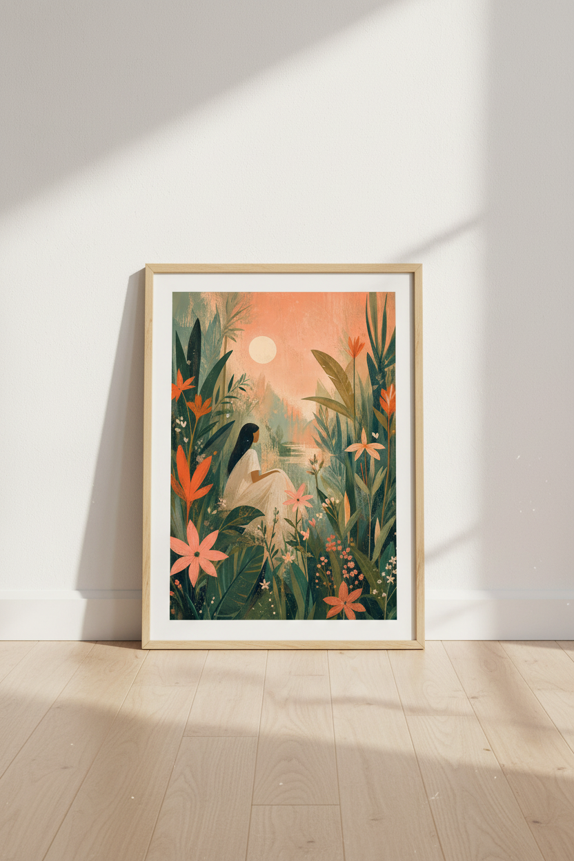 Ethereal Garden Art Print | Boho Floral Woman Poster, Serene Nature Decor